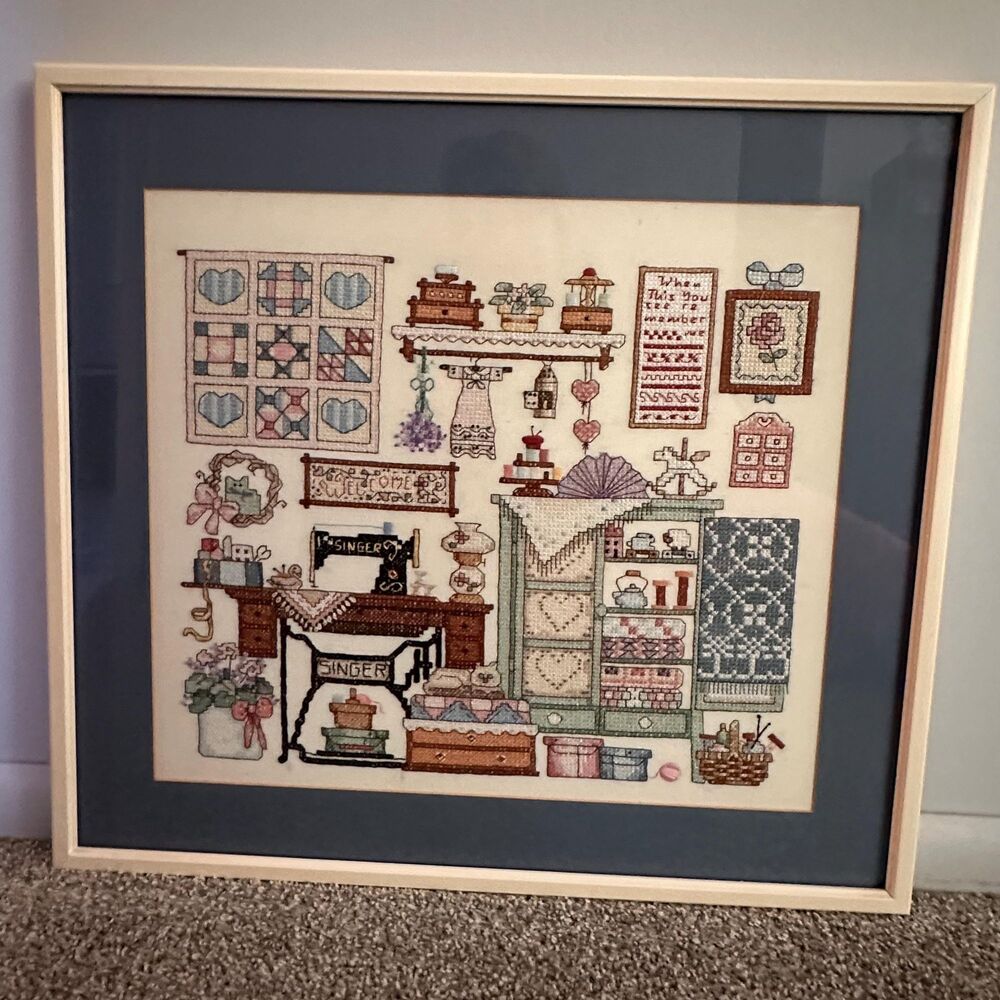 Vintage 1991 "Cozy Sewing Room" Finished Cross Stitch – Matted & Framed Under Gl